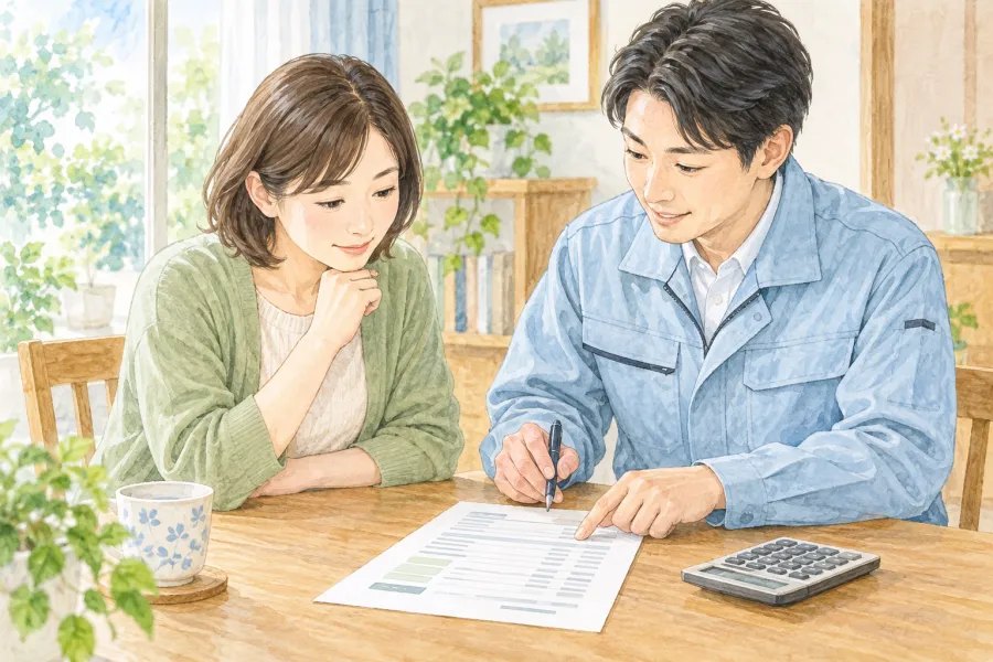 書面を見ながら相談するイラスト