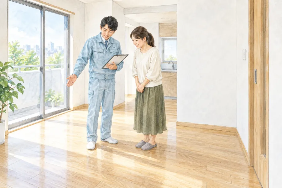 作業後の部屋で説明を受けるイラスト