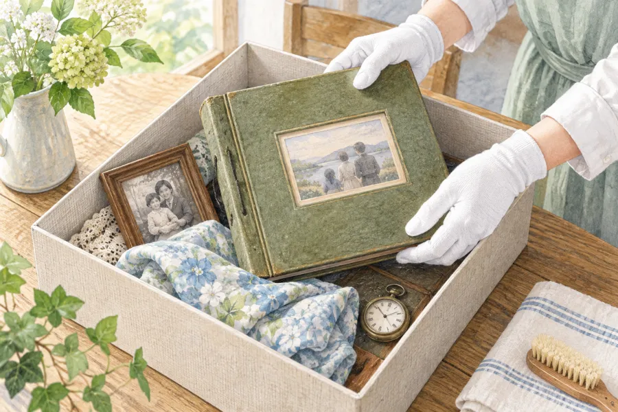 写真や時計など残したい品物を集めたイラスト