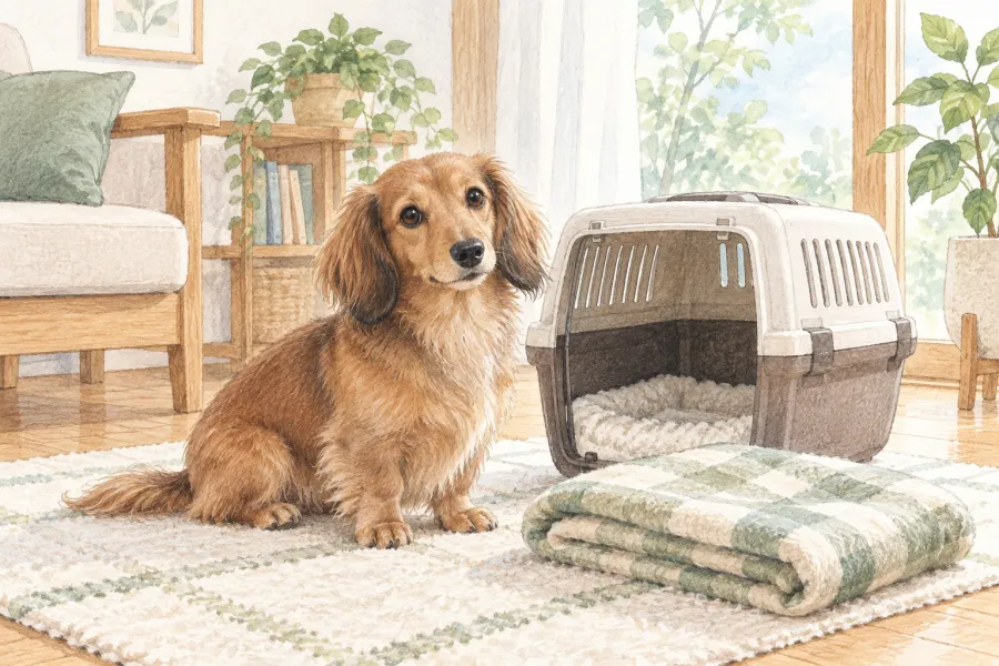 犬とペット用キャリーのイラスト