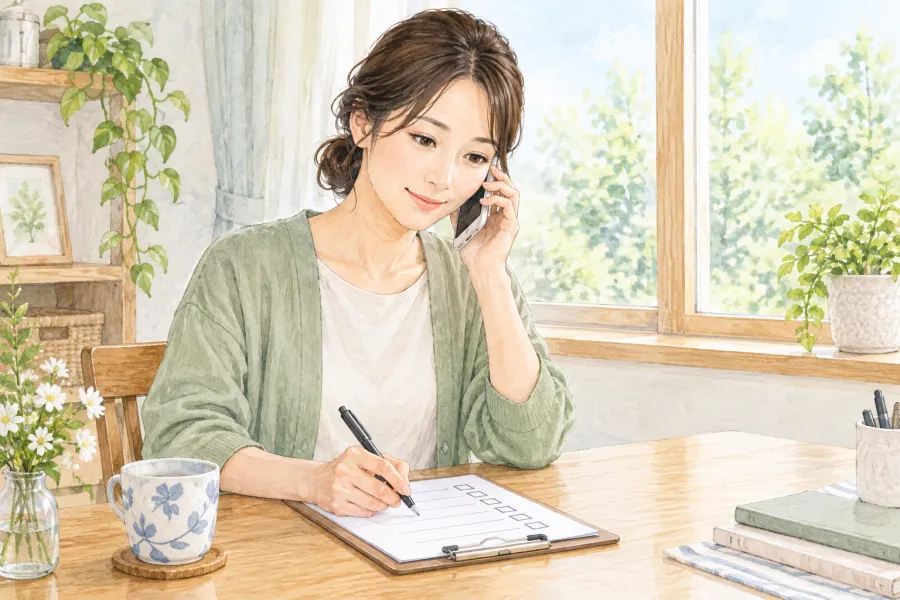 メモを取りながら電話で相談する人のイラスト