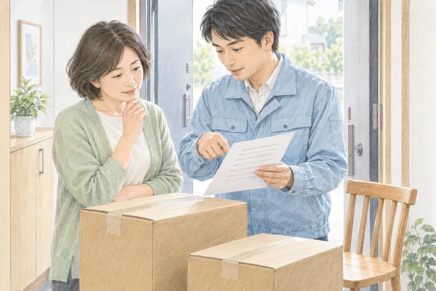 家財を運び出す前に、担当者と書類を確認する家族のイラスト