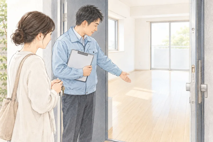 部屋に入る前に、玄関で施工員へ現地確認を相談する家族のイラスト