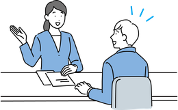 カウンターで相談を受ける担当者と相談者の線画イラスト（小）